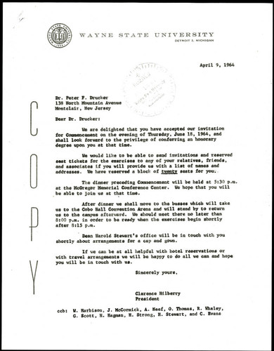 Correspondence to Peter F. Drucker from Clarence Hilberry