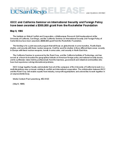 IGCC and California Seminar on International Security and Foreign Policy have been awarded a $300,000 grant from the Rockefeller Foundation