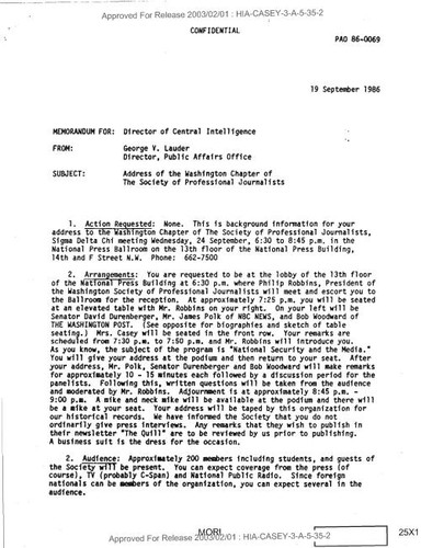 George V. Lauder memo to director of central intelligence regarding speech to the Washington Chapter of the Society of Professional Journalists