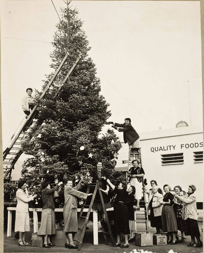 The Banning Soroptomist Club trimming a Christmas tree