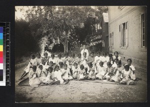 Group portrait of Girls' Hostel residents sewing, Antananarivo, Madagascar, ca. 1930