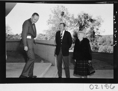 Allan Sandage, George Hale, and Margaret Hale Scherer outside the Oscar G. Mayer memorial building, Palomar Observatory