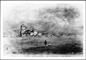 Drawing by Edward Vischer depicting the ruins of the Mission San Luis Rey as seen from the rear, May 1, 1865