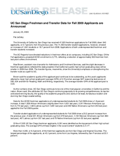 UC San Diego Freshman and Transfer Data for Fall 2009 Applicants are Announced