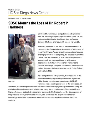SDSC Mourns the Loss of Dr. Robert P. Harkness