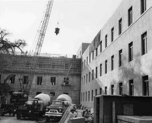 Crane and cement trucks, Cal Tech