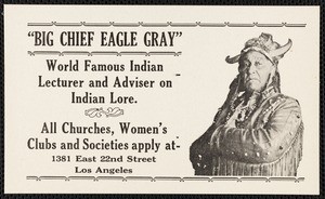 An advertising card for "Big Chief Eagle Gray," Los Angeles, circa 1920s