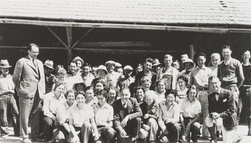 The summer crew at the W. Atlee Burpee See Company Floradale Farms, Lompoc : about 1935. Members of Japanese families included are: Mary Tashiro, Mr. and Mrs. Sakanashi, Mr. Honda, Mr. Hirashi, Mas Honda, Sumino Tsuyuki