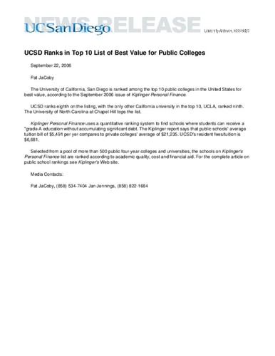 UCSD Ranks in Top 10 List of Best Value for Public Colleges