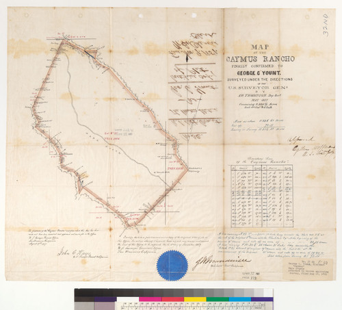 Map of the Caymus Rancho, finally confirmed to George C. Yount : [Napa Co., Calif.] / Surveyed under the directions of the U.S. Surveyor Genl. ; by A.W. Thompson, Dep. Surr