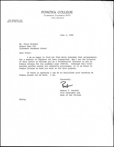 Pomona College letter, 1980