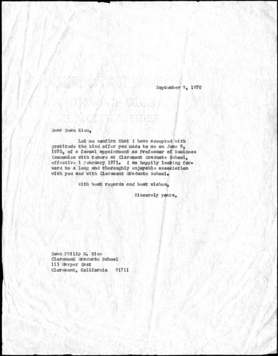 Correspondence from Peter F. Drucker to Phillip M. Rice, 1970-09-09