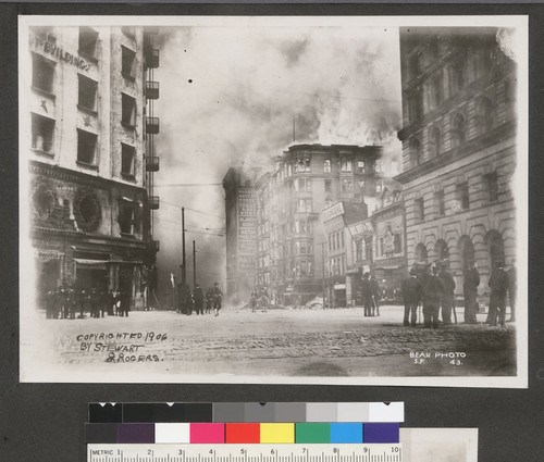 [Winchester House burning on Third St. at Stevenson, south of Market St. Hearst Building, left; base of Call Building, right.]