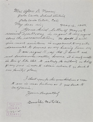 Letter from Genichi Motoike to Afton Nance, 1942 May 16