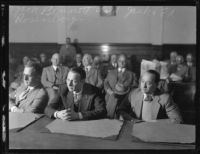 Ed Rosenberg, Jack Rosenberg and Jacob Berman in court charged in the Asa Keyes bribery case, Los Angeles, 1928