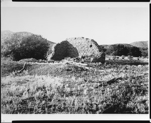 Exterior view of the remains of an adobe house in the mountains near Cahuilla, ca.1900