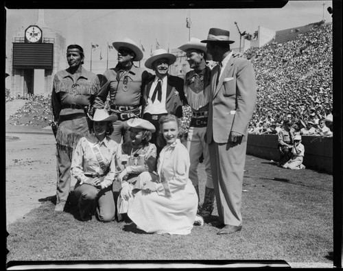 Jay Silverheels, Clayton Moore, Sheriff Biscailuz, Roy Rogers and Dale Evans at the Sheriff's Rodeo