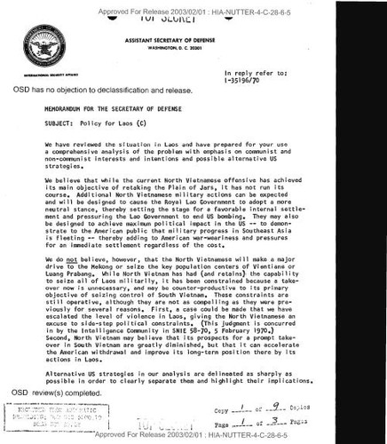 Assistant secretary for defense memo for secretary of defense regarding policy for Laos, with attachments