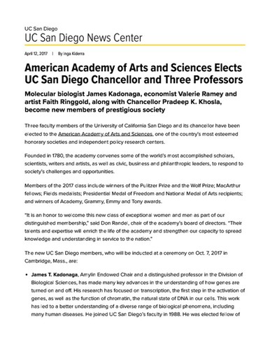 American Academy of Arts and Sciences Elects UC San Diego Chancellor and Three Professors