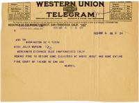 Telegram from William Randolph Hearst to Julia Morgan, May 6, 1925
