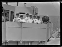 Lieutenant E. S. Schanze, Lieutenant-Commander R. W. Cary, Lieutenant A. T. Sprague, Jr., Vice-Admiral Richard H. Leigh, Lieutenant F. L. Riddle, and Captain Joseph K. Taussig on sea, San Pedro, 1931