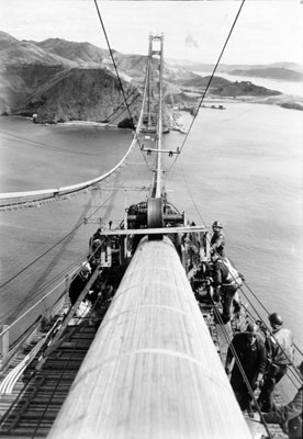 [Construction workers working on cable during construction of the Golden Gate Bridge]