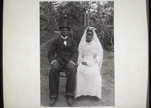 A teacher in Duala (Cameroon) with his bride. (They were married by Rev. Hecklinger in 1902). Bonaduma, Bonaku