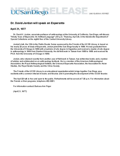 Dr. David Jordan will speak on Esperanto