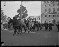 Horse-drawn funeral procession for William Traeger leaving Patriotic Hall, Los Angeles, 1935