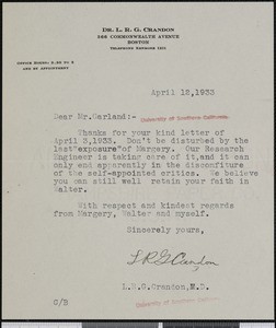 L.R.G. Crandon, letter, 1933-04-12, to Hamlin Garland