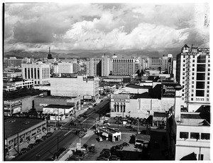 Northward view of Hill Street from the roof of the Los Angeles Chamber of Commerce Building, February 1932