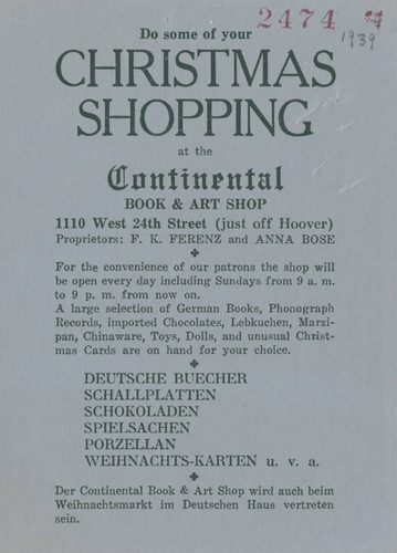 Advertisement, Continental Book & Art Shop, circa 1939