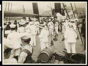 The Royal Hawaiian Band on the S.S. Ohio during the Los Angeles Chamber of Commerce's voyage to Hawaii, 1907
