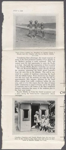 Brochure or advertisement describing the Rancho Malibu la Costa development, featuring the Mawby triplets, 1929