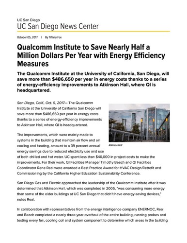 Qualcomm Institute to Save Nearly Half a Million Dollars Per Year with Energy Efficiency Measures