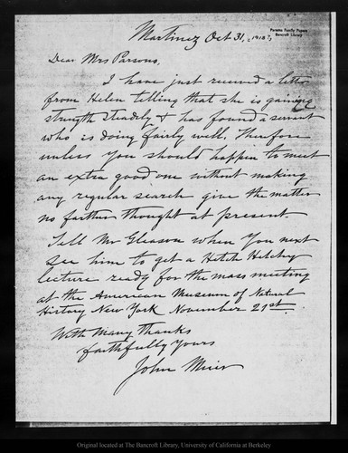 Letter from John Muir to [Marion R.] Parsons, [1913] Oct 31