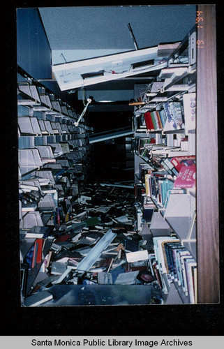Northridge earthquake, Santa Monica Public Library, Main Library, first floor stacks, January 17, 1994