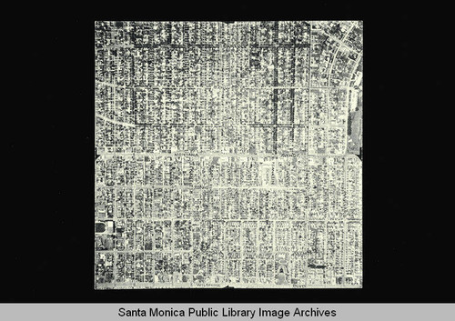 Aerial map of Santa Monica City with section boundaries: SIxteenth Street; Carlyle, Harvard, Wishire Blvd flown by Pacific Air Industries on April 1, 1950