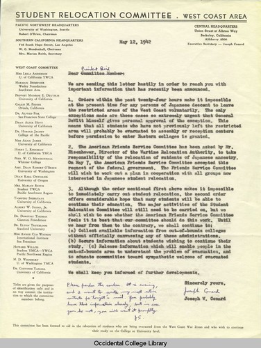 Letter from Joseph Conrad, Executive Secretary, Student Relocation Committee, to Remsen Bird, May 12, 1942
