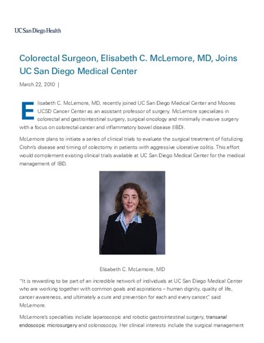 Colorectal Surgeon, Elisabeth C. McLemore, MD, Joins UC San Diego Medical Center