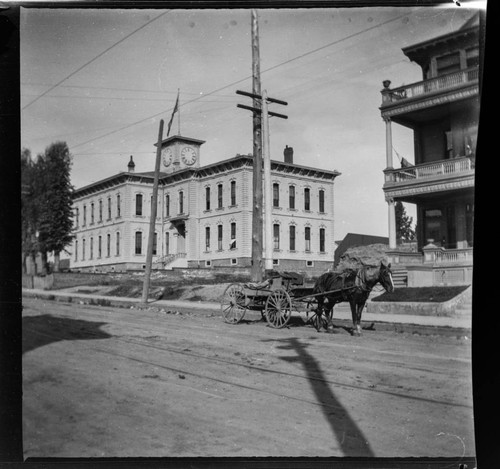 The original Los Angeles High School building after being moved from Poundcake Hill
