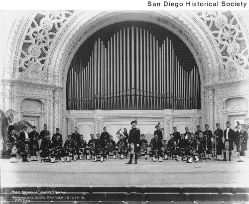 A Scottish band performing at the Spreckels Organ Pavilion during the 1915 Exposition