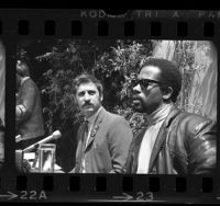 Black Panther leader, Eldridge Cleaver and Jack Weinberg holding press conference in Los Angeles, Calif., 1968