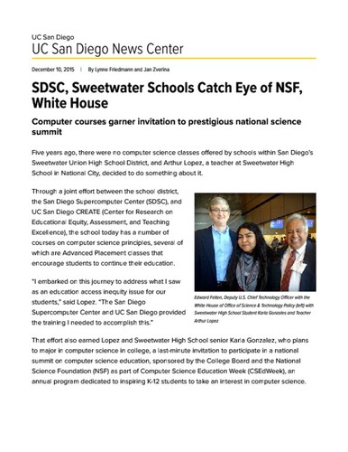 SDSC, Sweetwater Schools Catch Eye of NSF, White House