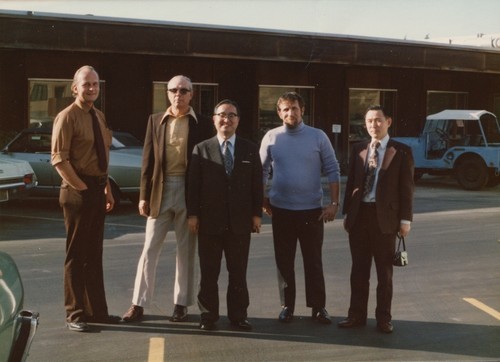[Melvin N.A. Peterson, left, with Japanese scientists including Dr. Noriyuki Nasu at Deep Sea Drilling Project headquarters, La Jolla]