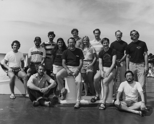 All the scientists on the deck of D/V Glomar Challenger (ship) during Leg 95 of the Deep Sea Drilling Project. 1983