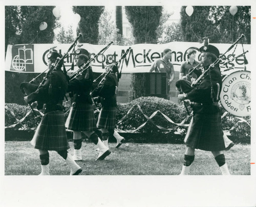 Men playing bagpipes, Claremont McKenna College