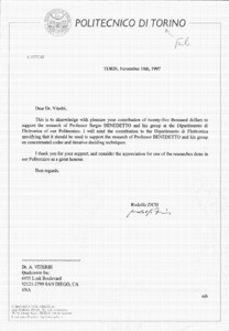 Letter, Sergio Benedetto to Andrew J. Viterbi, September 9, 1997