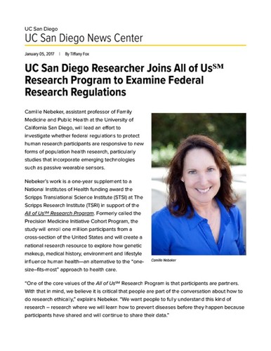 UC San Diego Researcher Joins All of Us℠ Research Program to Examine Federal Research Regulations