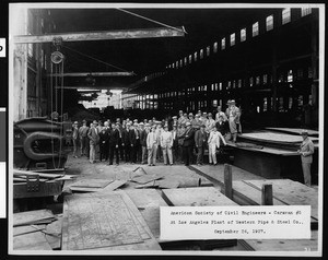 Portrait of members of the American Society of Civil Engineers, Caravan #5, at the Los Angeles plant of Western Pipe and Steel Co, 1927
